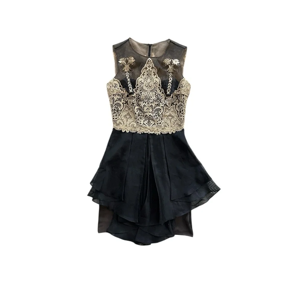 marchesa notte black and gold dress $795 New Marchesa Notte Metallic Fil Coupe Midi Tea Dress Gold Black 0 14  16